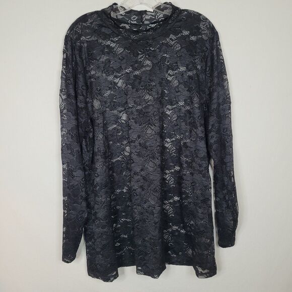 Torrid Black Floral Lace Top 2X Sheer Long Sleeve Mock Neck Whimsigoth Romantic - Picture 1 of 12